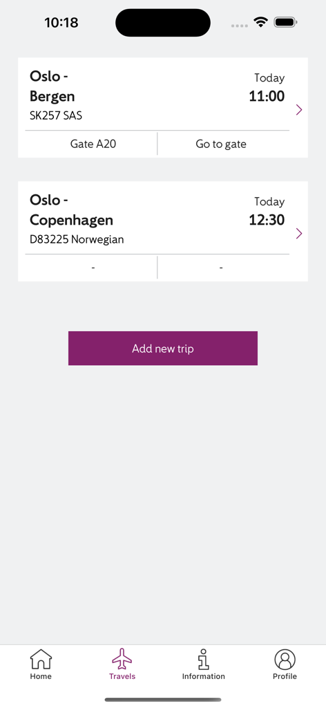 Liste der geplanten Flüge und Gate-Informationen in der Avinor-Reise-App
