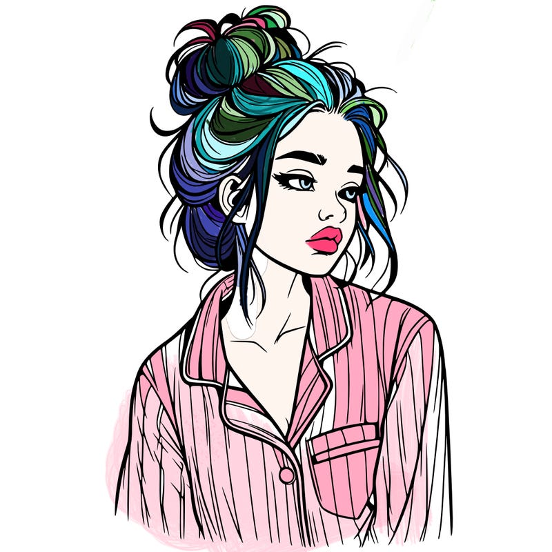 realistic woman with pajamas on and a messy bun