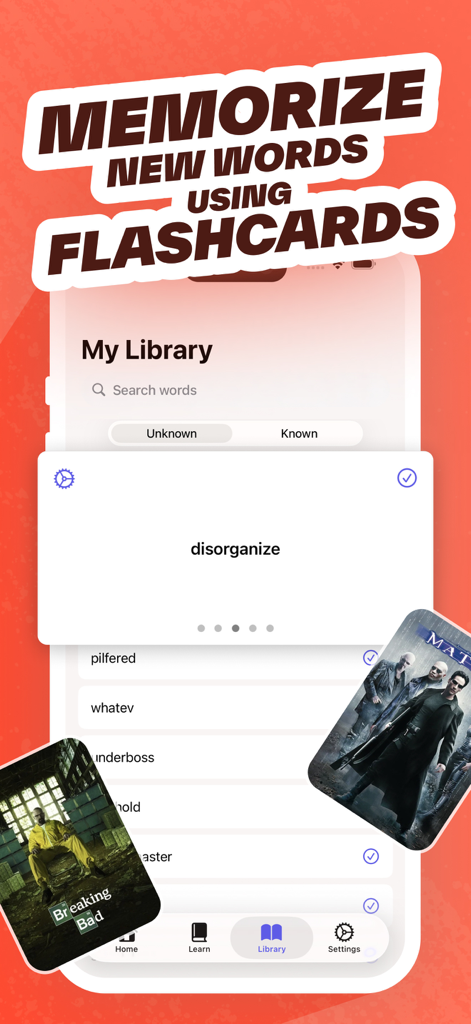 A screen from the Wordy app showing digital flashcards for language vocabulary learning and a library of saved words