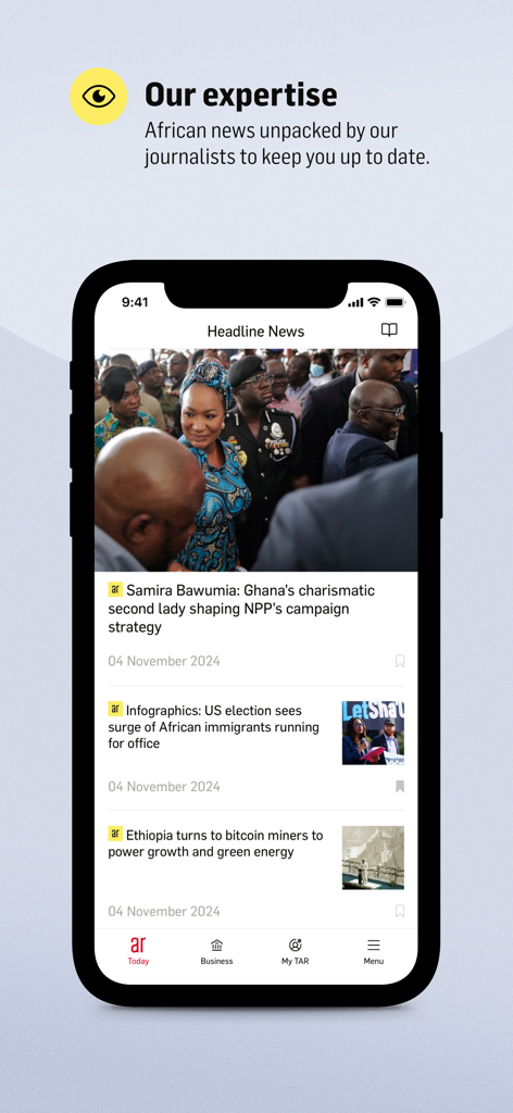 The Africa Report mobile app interface showing a feed of headline news articles regarding African politics and business.