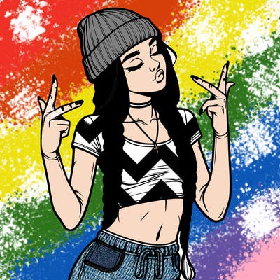 realistic teenage girl with braids and a beanie and crop top doing 🫶🏼