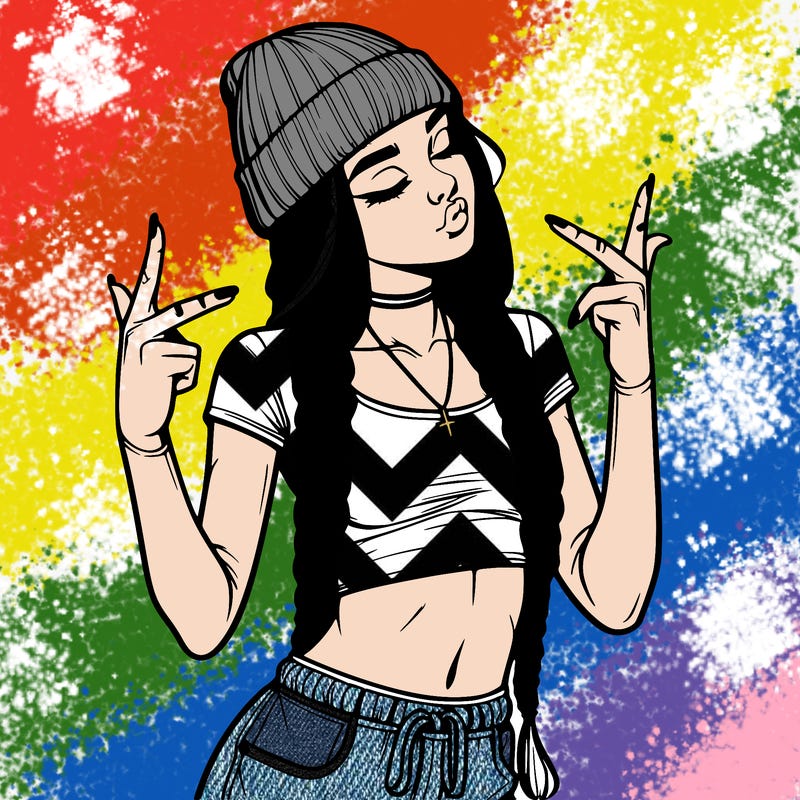 realistic teenage girl with braids and a beanie and crop top doing 🫶🏼