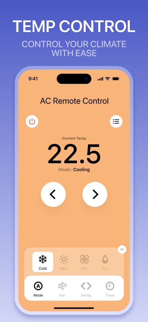 Universal AC Remote Control app interface showing temperature adjustment and cooling mode options