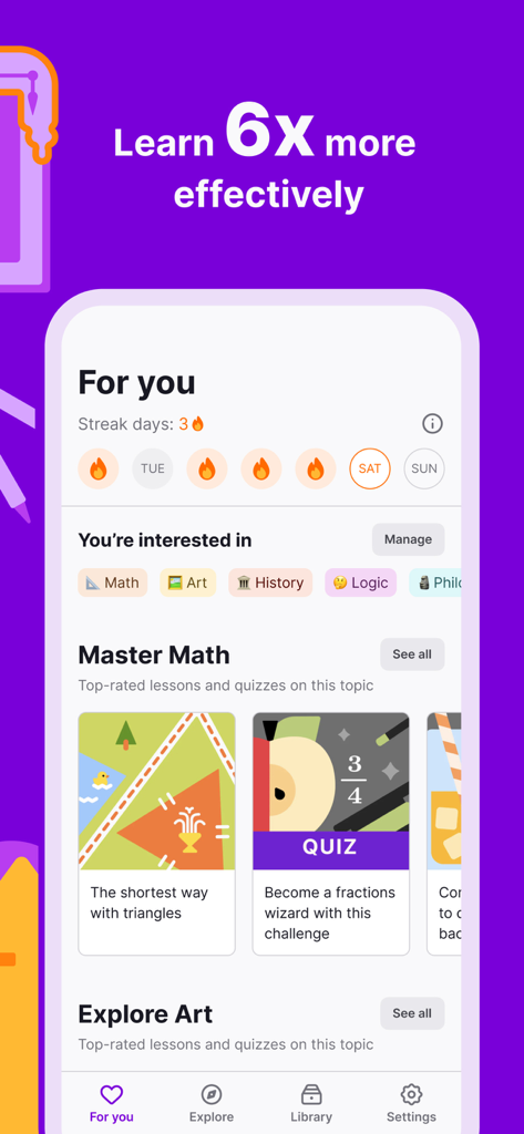 Nibble app dashboard showing personalized micro-learning lessons in math and art
