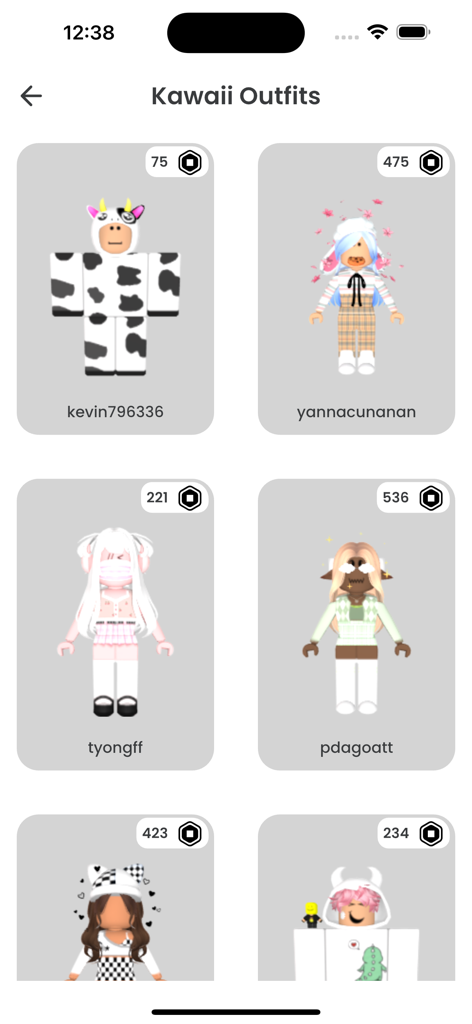 Outfit Ideas For Roblox - Una colección de ideas de atuendos de avatar de Roblox con temática Kawaii con sus costos en Robux.