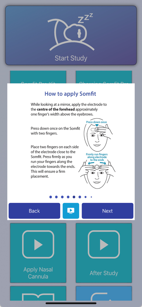 Somfit - Somfit app screen showing step by step diagrams and text for applying a clinical sleep study electrode to the forehead