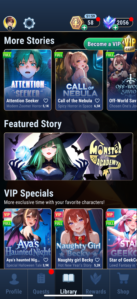 The library screen of the Anime Dating Sim app showcasing a collection of illustrated visual novel stories and characters.