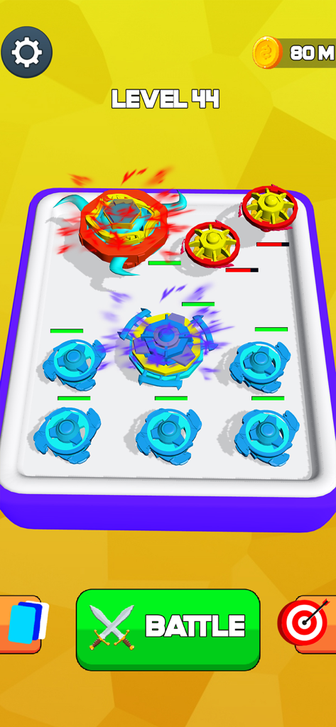 Spinner Merge Battle - A mobile game screen showing different levels of colorful spinning blades on a grid ready for battle