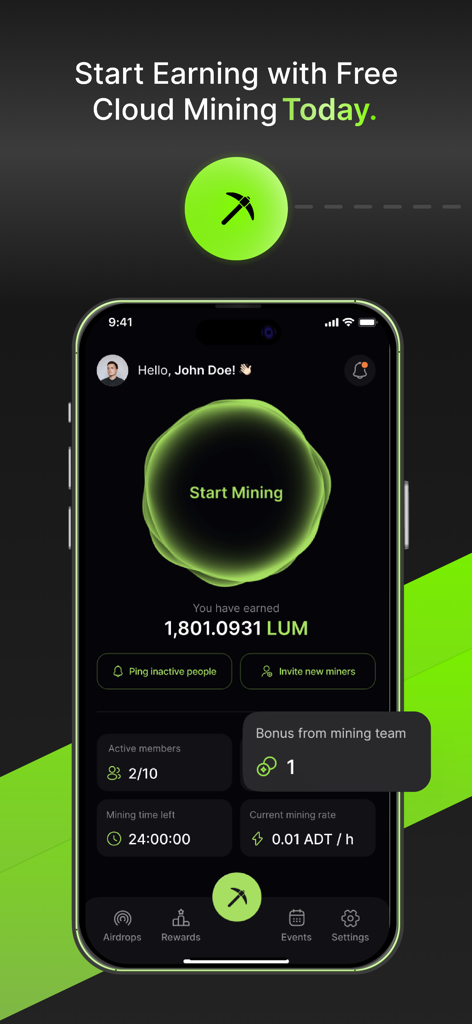 Mira - Interface of the Mira app showing a start mining button and Lumira token earnings.