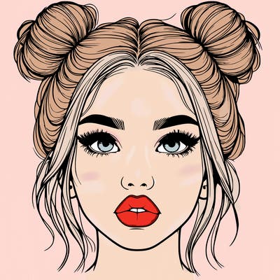 realistic girl with two buns on her hair and lips