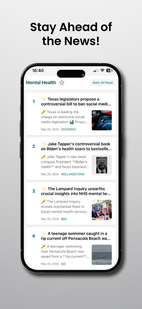 Una pantalla de smartphone que muestra la aplicación PeakLife AI con una lista numerada de resúmenes de noticias concisos bajo la categoría de salud mental.