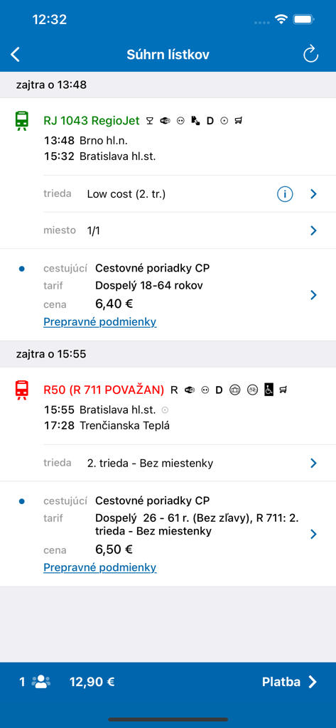 Ticket summary screen in the Cestovne poriadky CP app showing train routes and prices in Euros