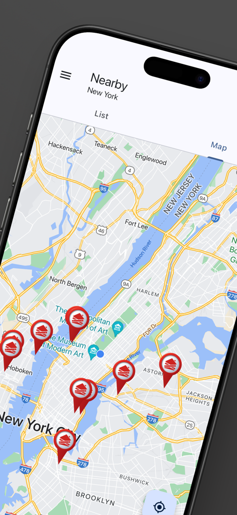 Lost places nearby - Map view showing abandoned locations in New York City with red markers in the Lost places nearby app.