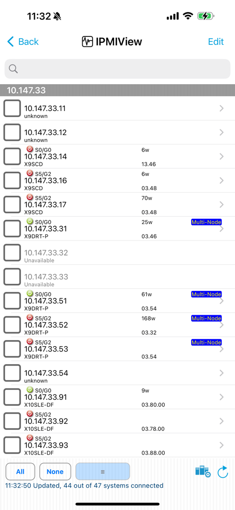 Supermicro IPMIView mobile app interface showing a list of servers with their IP addresses and power status