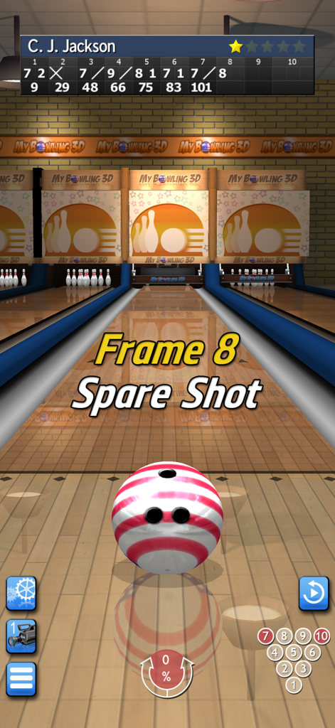 My Bowling 3D - Gameplay view of My Bowling 3D showing a spare shot setup on a realistic bowling lane with a striped ball