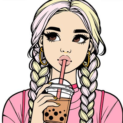 realistic girl with braided hair drinking boba