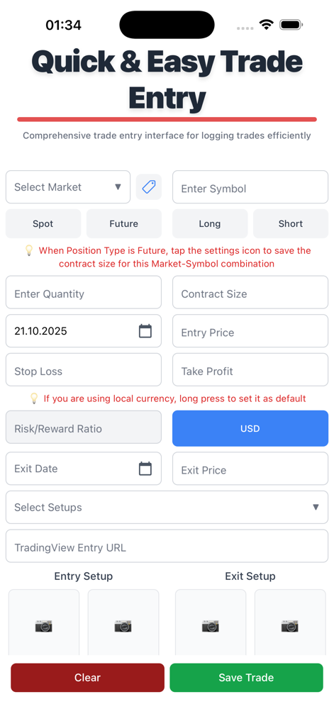 Interface for logging trade details in the TrackIt trading journal app