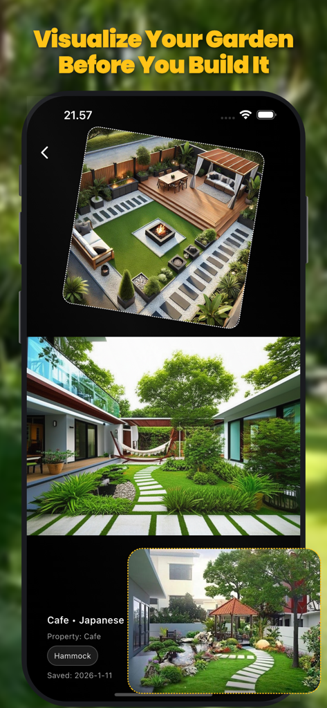 AI Garden Design landscape - Mobile app interface showing different AI-generated garden designs including modern and Japanese styles