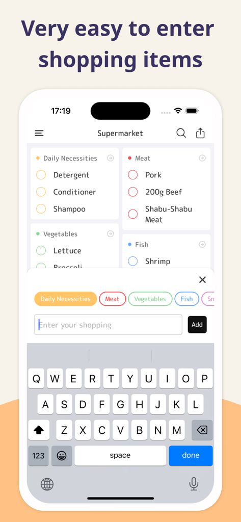 Shopii – Grocery Shopping List - 카테고리별 목록에 쇼핑 항목을 입력하기 위한 Shopii 앱 인터페이스