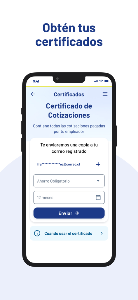 Screen of the Mi AFP Capital app showing how to request a pension contribution certificate.