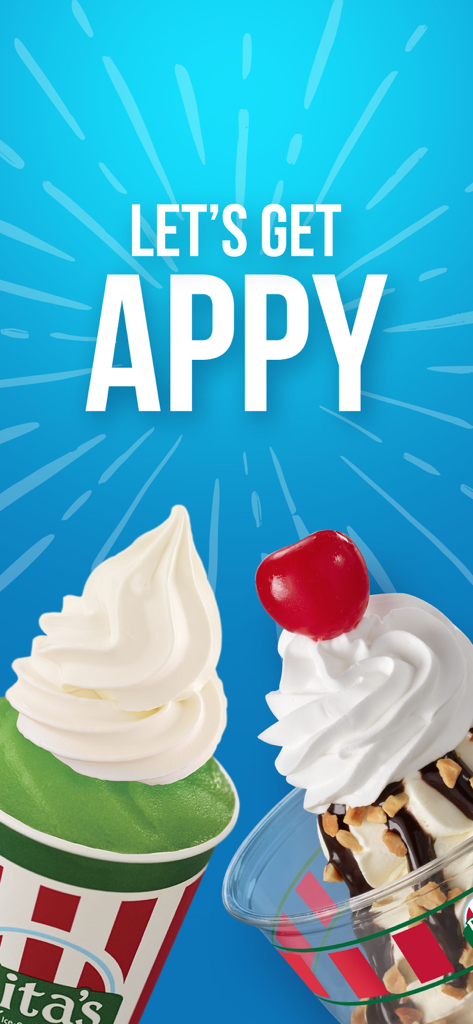 Rita's Ice - Pantalla promocional para la app de Ritas Ice con helados italianos y natillas congeladas con el texto Lets Get Appy
