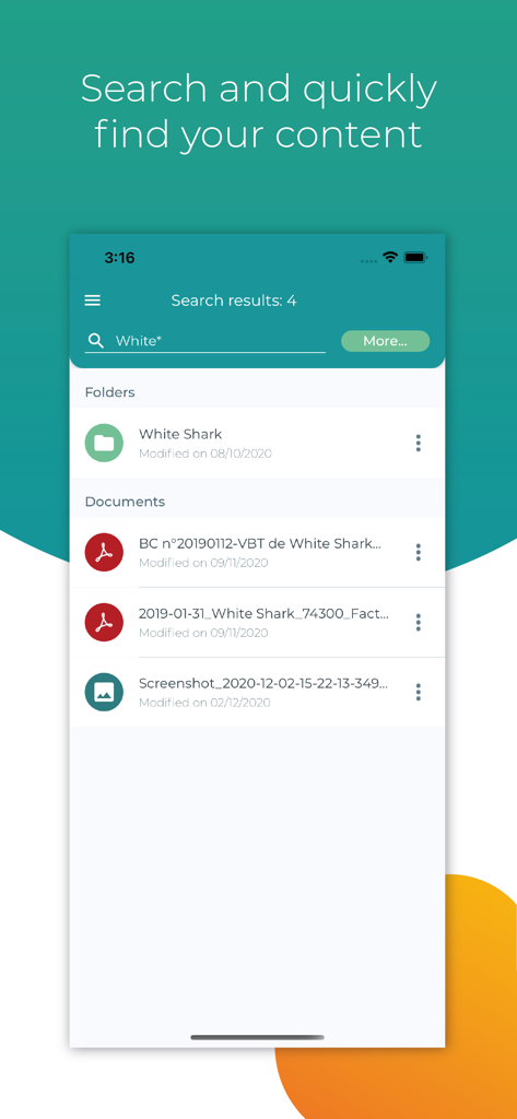 Open Bee Mobile - Screenshot of the Open Bee Mobile app search interface displaying folders and PDF documents