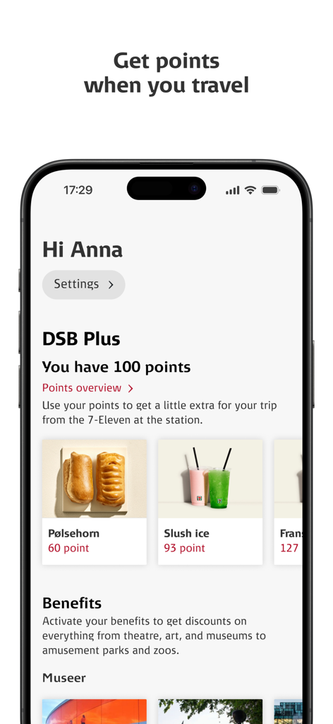 DSB app screen showing DSB Plus loyalty points and snack rewards from 7-Eleven.