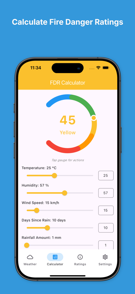 iPhone screenshot of the FDR Calculator app showing a yellow fire danger rating of 45 and sliders for manual weather data entry