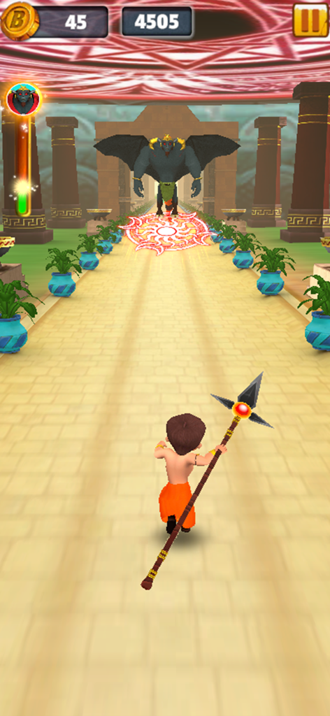 Chhota Bheem: Adventure Run - Chhota Bheem running with a spear toward a winged demon in a temple