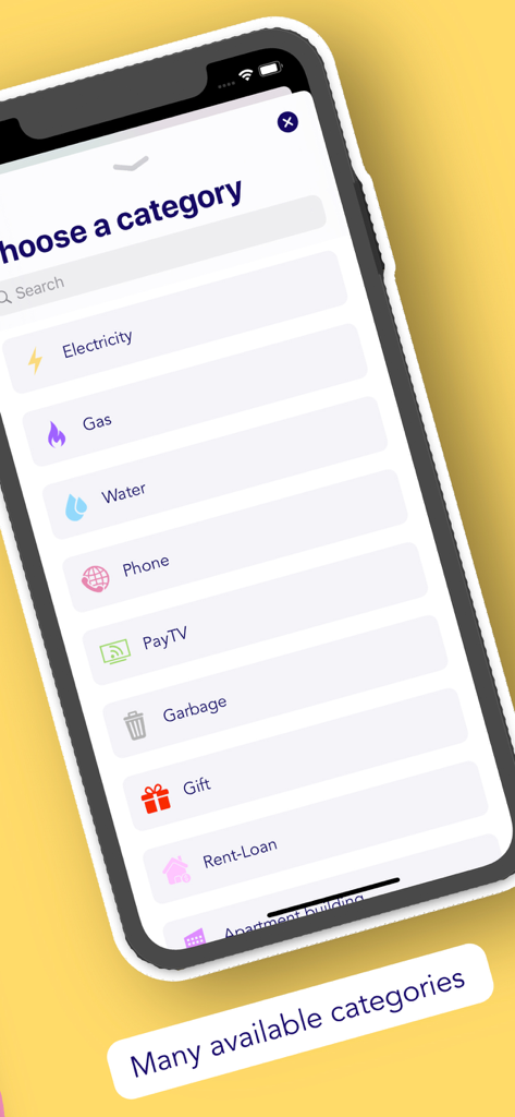 A mobile app screen showing various bill categories such as electricity, gas, water, and rent for expense tracking