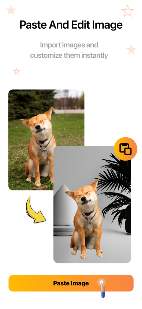 Remove BG - Background Eraser. - 제거된 배경이 스튜디오 설정으로 교체된 강아지를 보여주는 붙여넣기 및 편집 이미지 기능 스크린샷