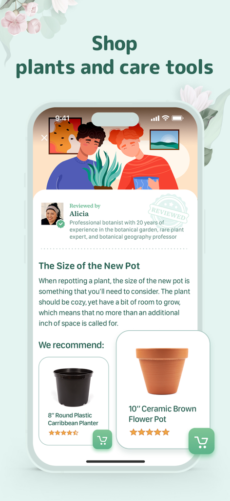 Blossom - Plant Care Guide - Interfaccia dell'app Blossom che mostra raccomandazioni di negozi di piante e consigli di esperti sulla scelta della giusta dimensione del vaso