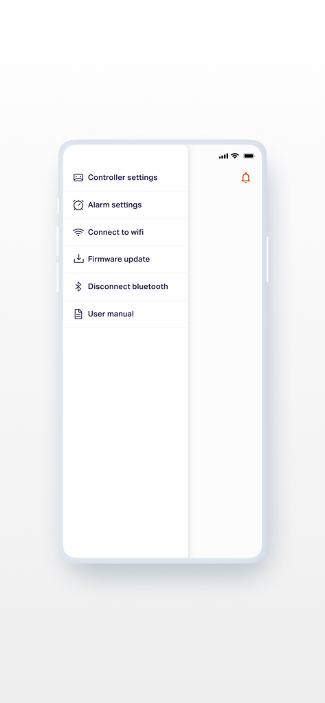 BBQ Guru - Screenshot of the BBQ Guru app settings menu with options for controller settings, alarm settings, wifi connection, and firmware updates.