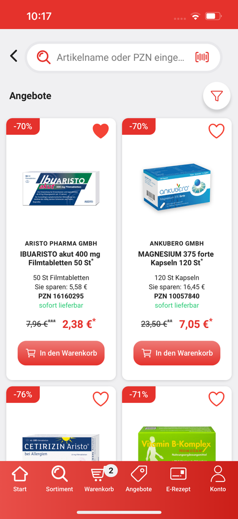 La página de ofertas de la aplicación de farmacia apotal que muestra medicamentos y suplementos con descuento.