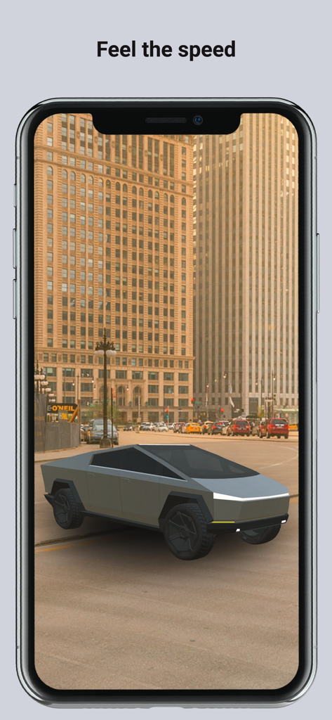 ARLOOPA app showing a futuristic 3D truck model on a city street using augmented reality