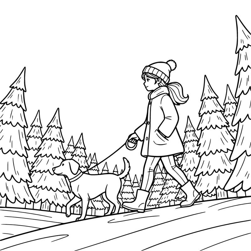 a dog and her owner a girl go for a walk in a christmas tree farm
