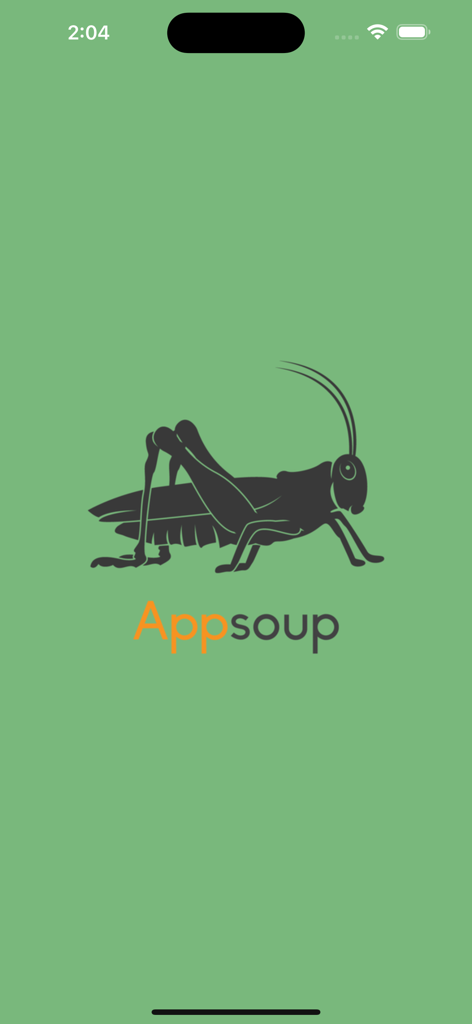 Cricket Sounds App Startbildschirm mit einer schwarzen Grillensilhouette und dem Appsoup-Logo auf grünem Hintergrund.