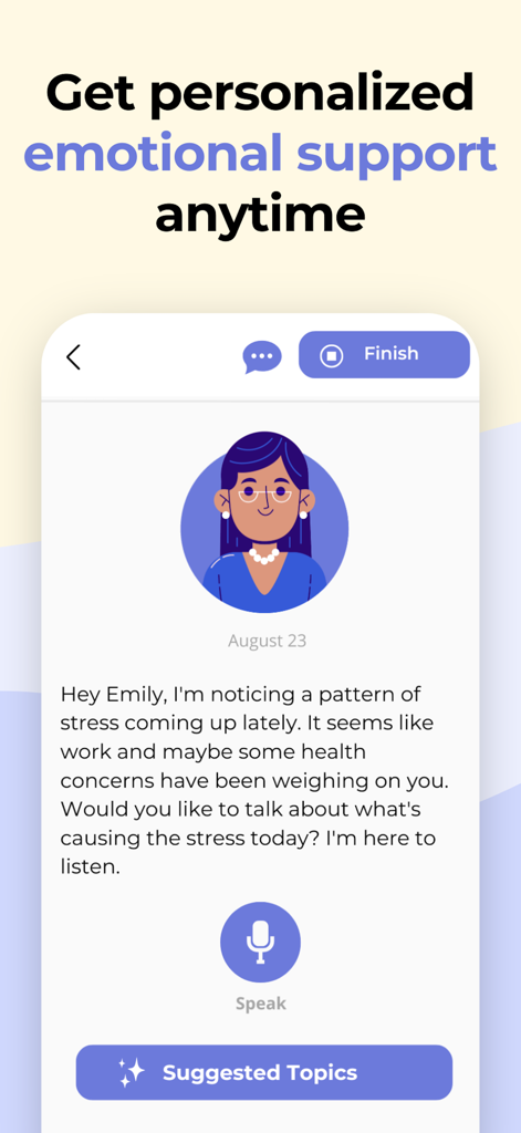Captura de pantalla de la aplicación Vent Now que muestra un mensaje de chat personalizado del compañero de IA Aspen ofreciendo apoyo emocional