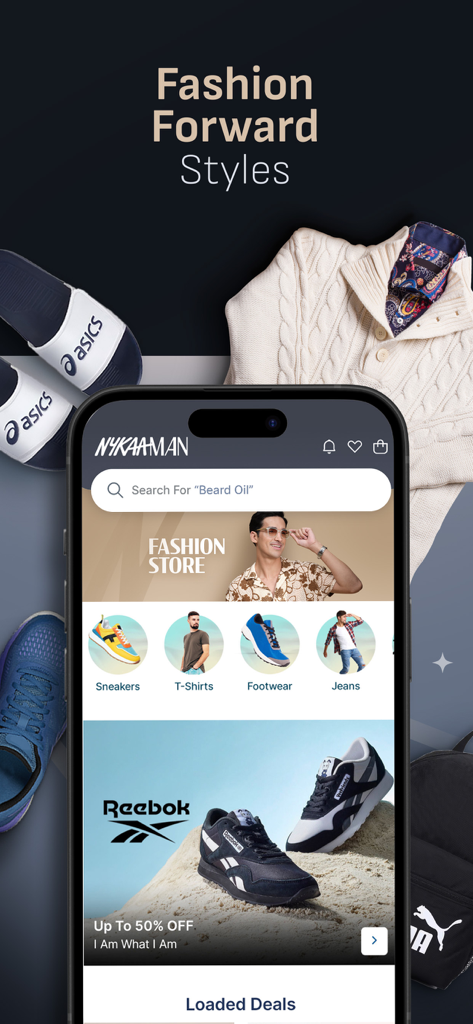 Die Nykaa Man App-Oberfläche zeigt Herrenmodekategorien und einen Reebok-Markenrabatt an.