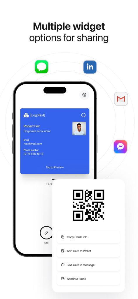 Digital business card sharing options with QR code and social media icons in bCard app