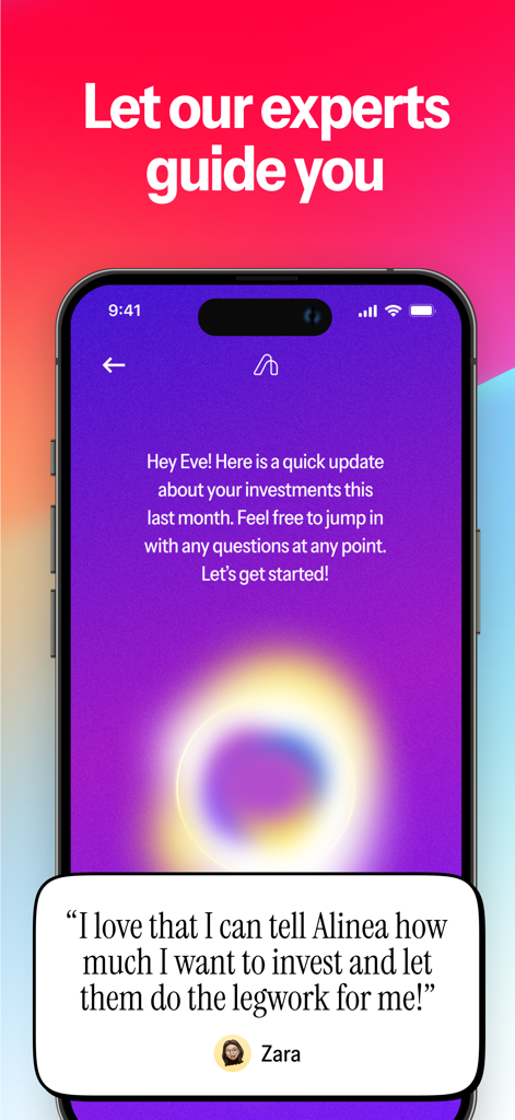 Alinea app interface featuring an expert guidance message and a positive user review by Zara