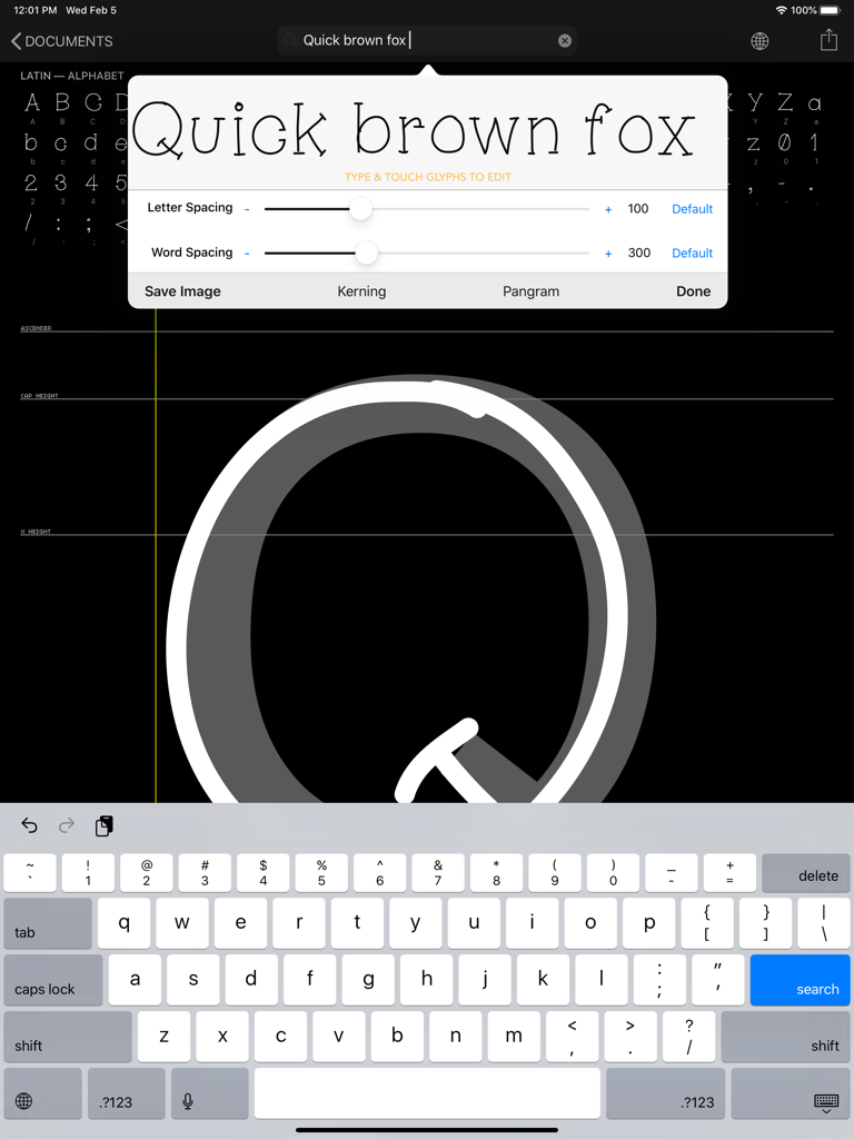 iFontMaker - Interface iPad d'iFontMaker montrant les ajustements d'espacement des lettres et des mots pour une police manuscrite personnalisée