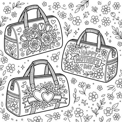 Express your love this Mother's Day with three beautifully decorated duffel bag coloring pages. Each design features intricate floral patterns and heartfelt symbols perfect for a special tribute to Mom.