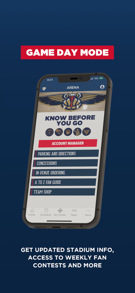 スタジアム情報とアリーナガイドを表示するゲームデーモードを表示するニューオーリンズ・ペリカンズのモバイルアプリ