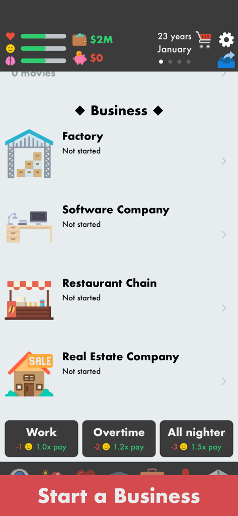 Pantalla de gestión empresarial en El Simulador de Vida que muestra opciones para iniciar una fábrica, una empresa de software o una cadena de restaurantes