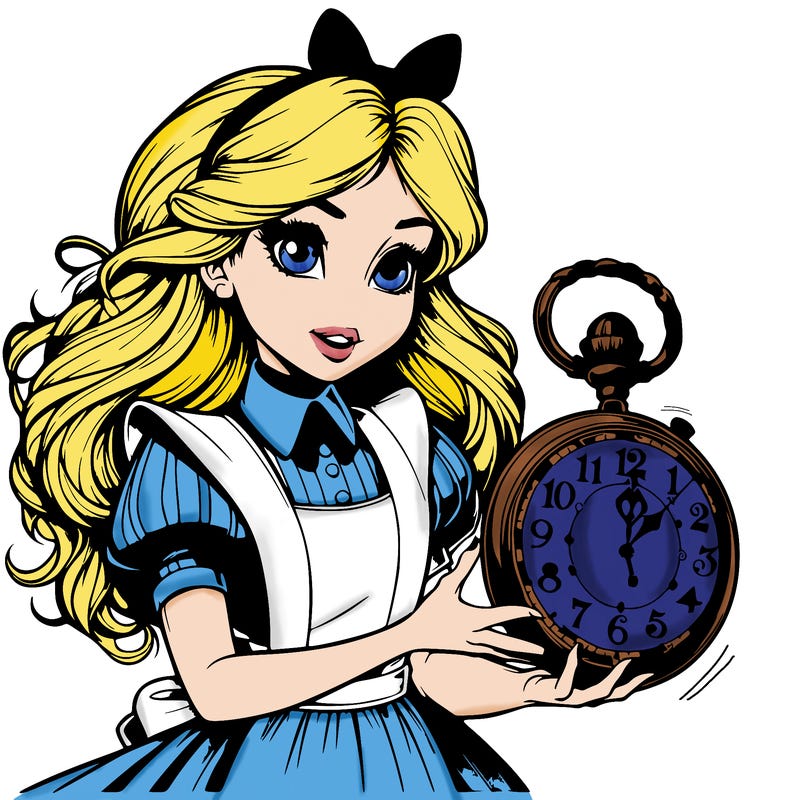 realistic alice in wonderland holding a large watch