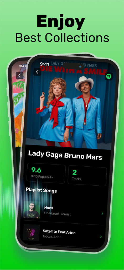 Stats for Spotify Music + - Pantalla de la aplicación Stats for Spotify mostrando puntuaciones de popularidad musical y colecciones de artistas para Lady Gaga y Bruno Mars.