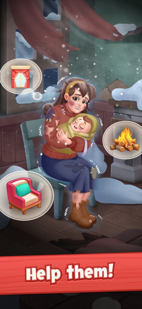 Happy Screw: Screw Out Puzzle - Uma mãe e um bebê tremendo em um quarto frio com balões de pensamento para itens de restauração de casa e um banner Ajude-os