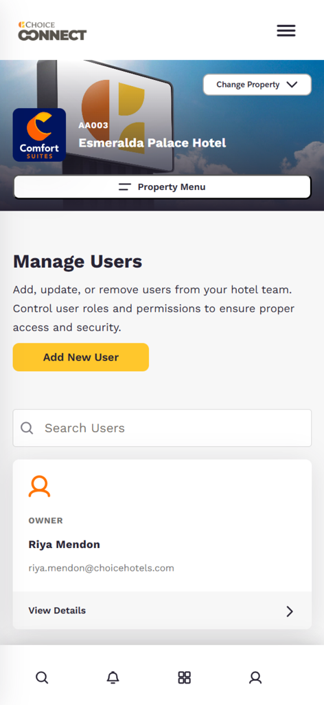 호텔 직원 사용자 관리를 위한 ChoiceConnect 앱 화면, 새 사용자 추가 버튼 및 검색 가능한 회원 목록을 보여줍니다.