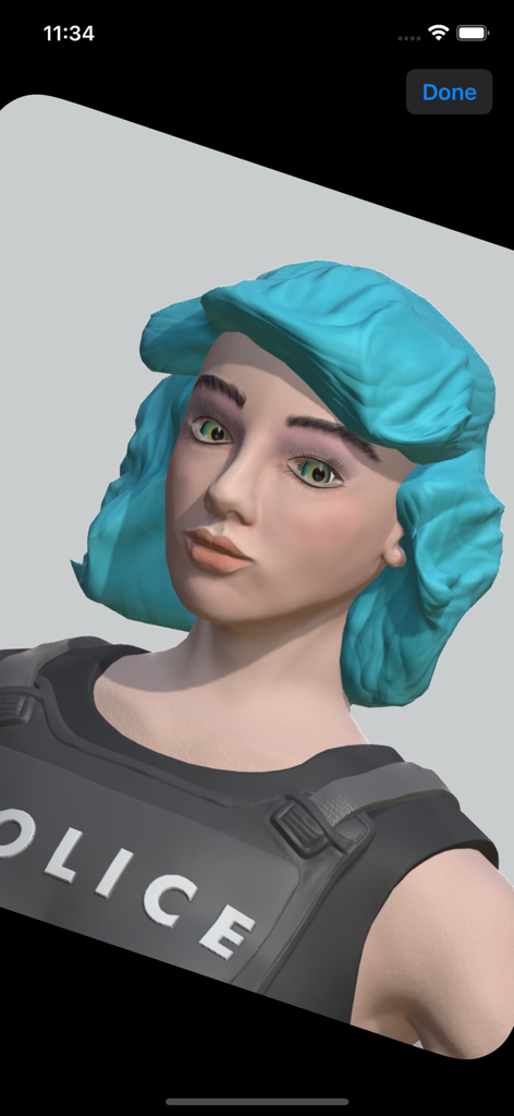 Un rendu 3D en gros plan d'un personnage féminin aux cheveux bleus portant un gilet tactique de police